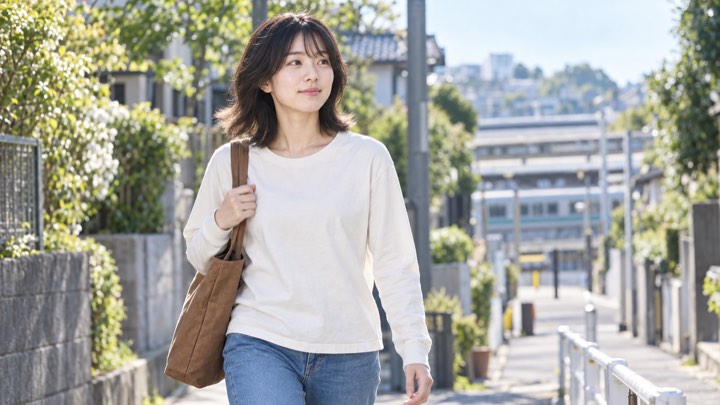 日差しのある住宅街の坂道を歩くハル